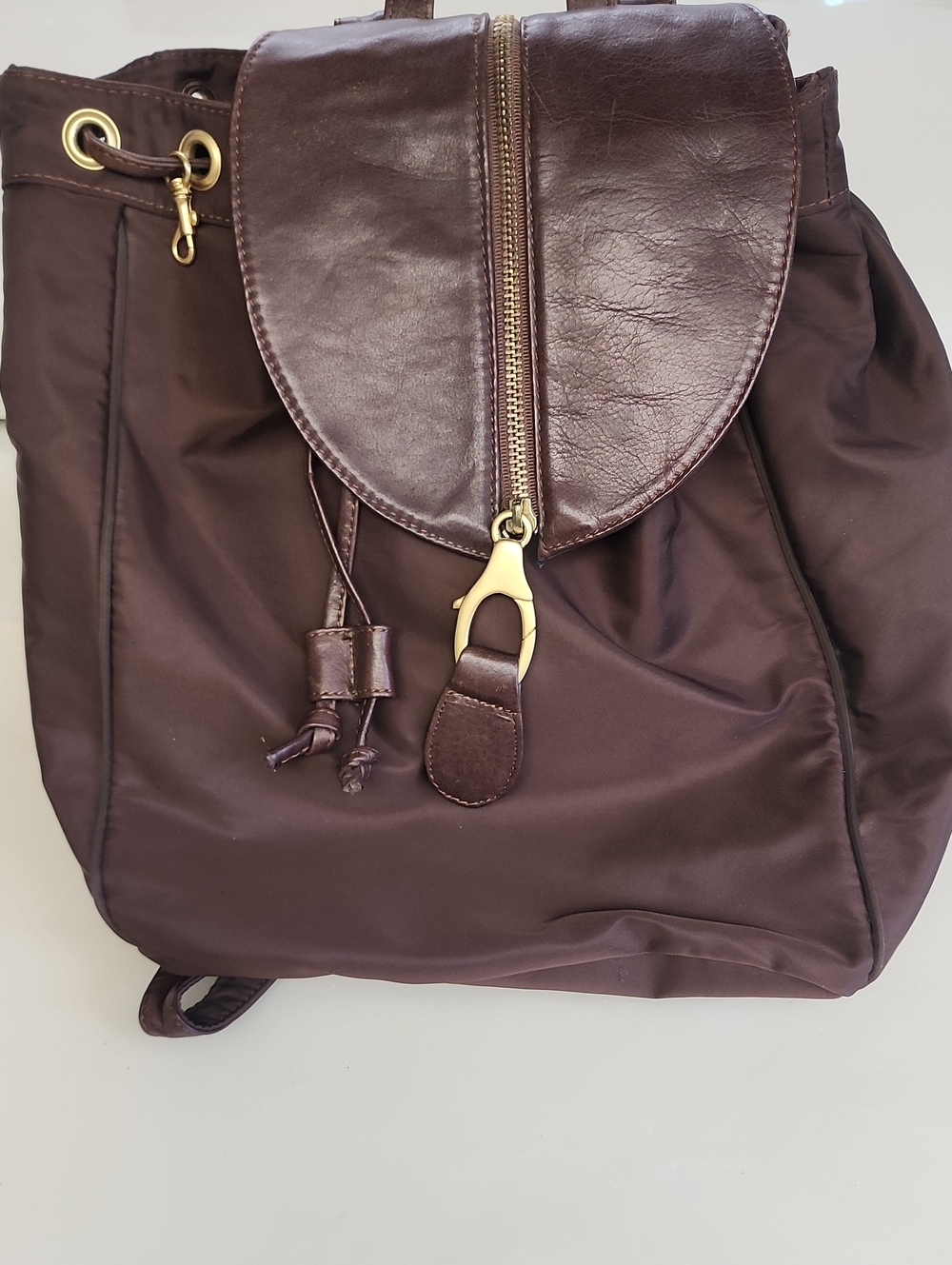 Saks Fifth Avenue Brown Nylon & Leather Drawstring Backpack